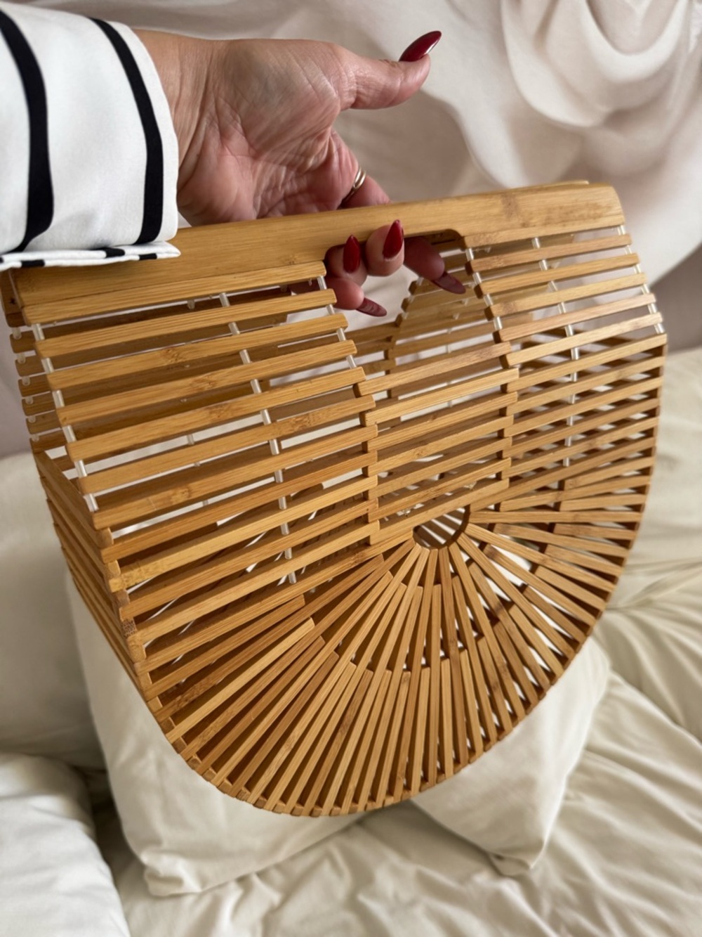 Semi-Circle Bamboo Slatted Handbag - Natural Wood - Picture 5 of 5